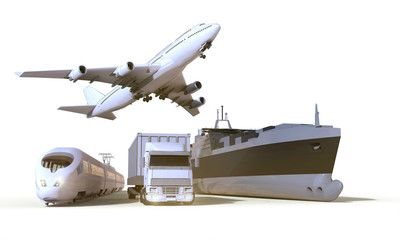  transportation and Logistics truck,train, Boat and plane on isolate Background / 3D rendering