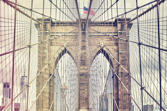 Vintage filtered picture of Brooklyn Bridge, one of New York City symbols, USA. 