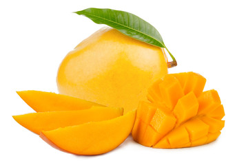 Mango fruits with delicious slice isolated white background