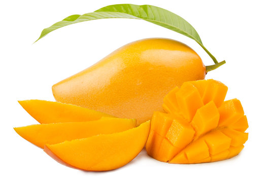 Mango fruits with delicious slice isolated white background