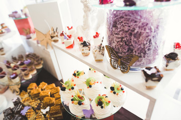 Delicious sweets on wedding candy buffet with desserts, cupcakes