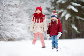 Two adorable little girls having fun together in beautiful winter park. Beautiful sisters playing in a snow.