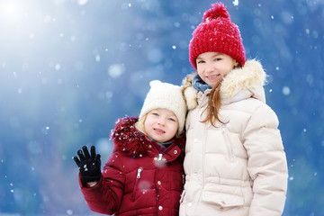 Obraz premium Two adorable little girls having fun together in beautiful winter park. Beautiful sisters playing in a snow.