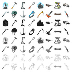 Ice ax, conquered top, mountains in the clouds and other equipment for mountaineering.Mountaineering set collection icons in cartoon style vector symbol stock illustration web.