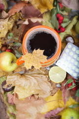 Big orange cup with hot tea on dried leaves