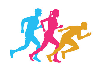 Fototapeta na wymiar Colorful Silhouettes of Running Men and Woman
