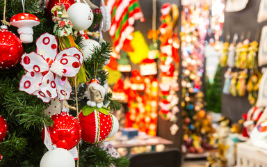 Christmas tree branch with decoration closeup