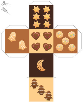 Christmas cookie dice template of a cube with cookies and gingerbread instead of dice eyes - isolated vector illustration over white.