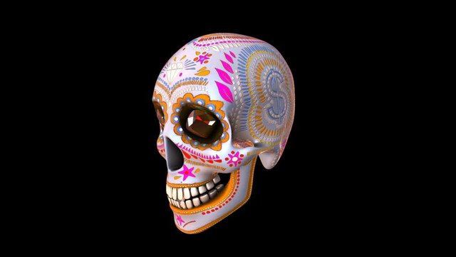 Seamless animation of mexican sugar skulls with alpha channel. Halloween 4K background.