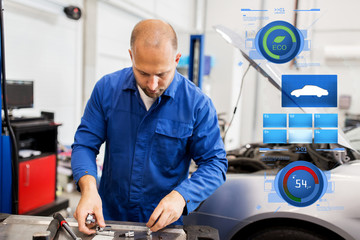 Obraz premium mechanic man with wrench repairing car at workshop