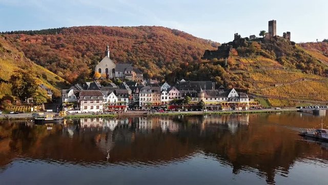 Flight over autumn Beilstein vineyards, Mosel valley, Germany