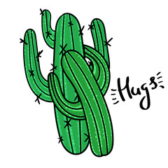 Couple of cactus with message Hugs. Modern fashion background