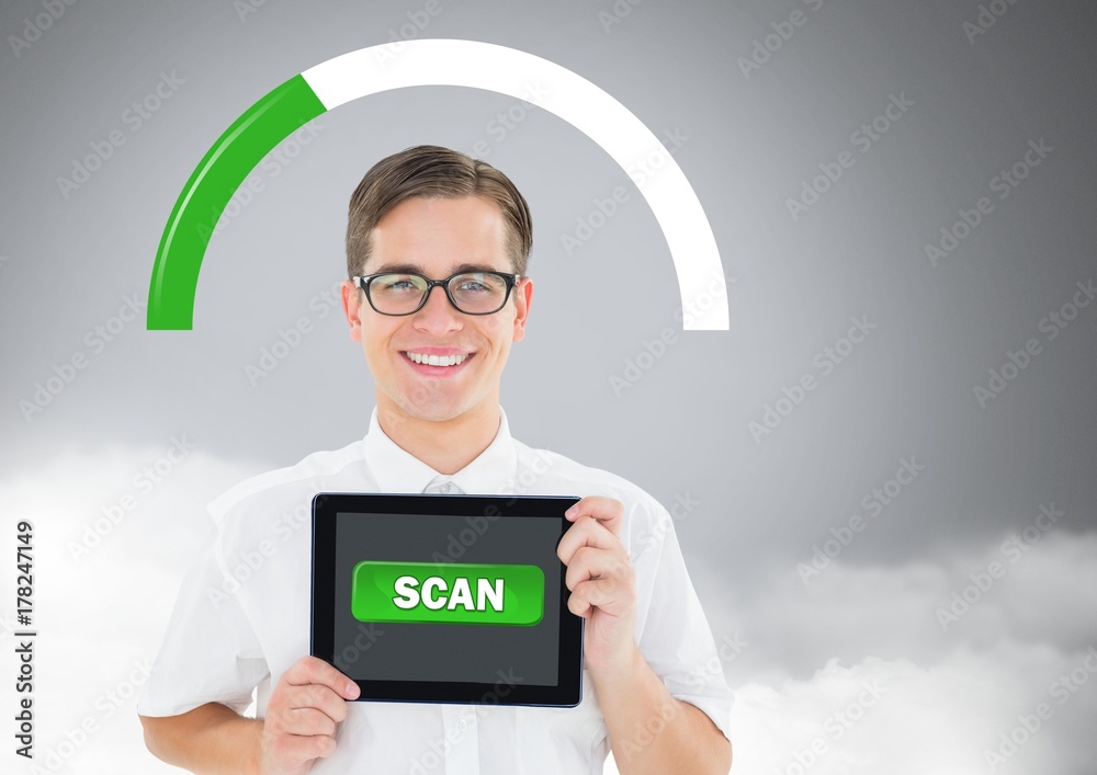 Poster man holding tablet with scan button and status bar