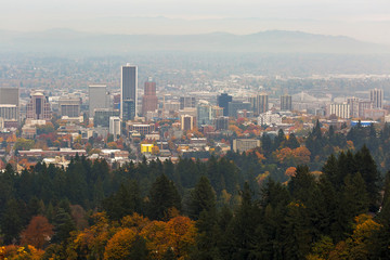Fototapeta na wymiar Foggy Fall Day over Downtown Portland Oregon USA America