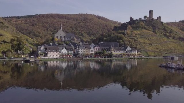 Flight over autumn Beilstein vineyards, Mosel valley, Germany. Original untouched LOG format.