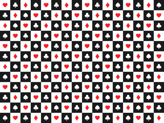 Seamless abstract vector poker background with playing cards signs, red and white symbols on white and black squares, casino symbols