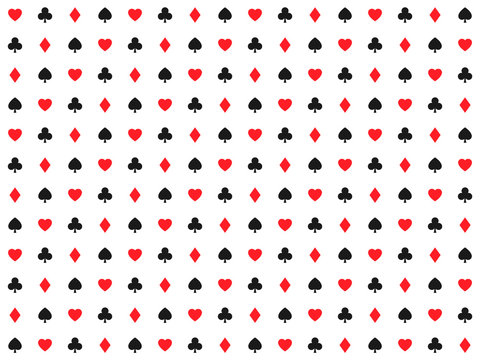 Playing card signs seamless pattern, casino background, hearts, clubs, diamonds and spades, vector icons and symbols