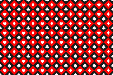 Seamless abstract vector poker background with playing cards signs, white symbols squares on red and black squares, casino symbols