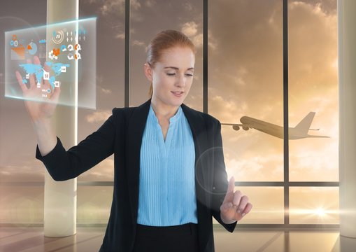 Map Information interface and Businesswoman touching air in