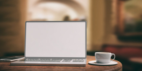 Laptop with white screen on a wooden table. Blurred coffee shop background. 3d illustration