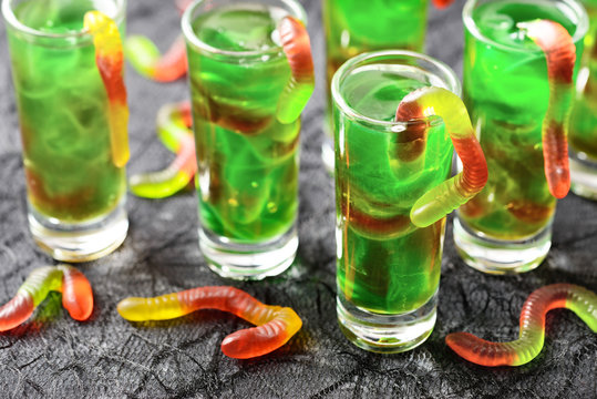 Green Halloween Jello Shots With Gummy Worms