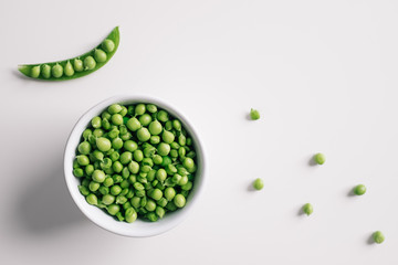 Green pea closeup on white background. Top view.