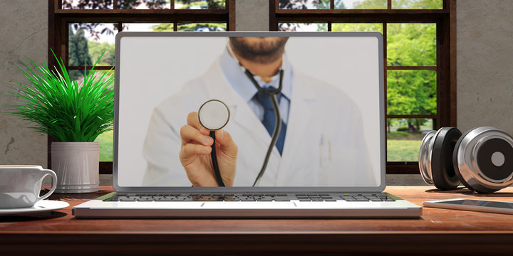 Laptop with telemedicine doctor screen on wooden desk at home. Beautiful blurred nature background. 3d illustration