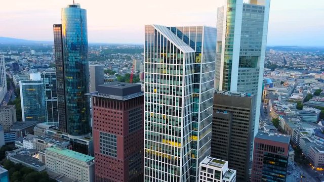 aerial view of business area in Frankfurt city with skyscrapers