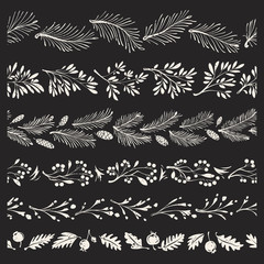 Christmas Hand-drawn Borderers with Floral Ornaments, Branches and Leaves