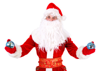 Santa Claus holding blue christmas toys balls in hands. Closeup Portrait. Isolated on White Background. Xmas Concept