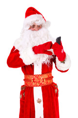 Santa Claus using smartphone - calling phone or texting a message Closeup Portrait. Closeup Portrait. Isolated on White Background. Xmas Concept
