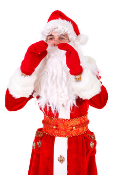 Santa Claus Close up Portrait shouting or calling Isolated on White Background. Xmas Concept