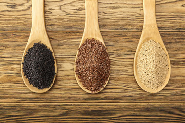 Three seeds for a healthy diet. Len, Amorant, black sesame. Healthy diet. A treasure trove of vitamins. Close-up.