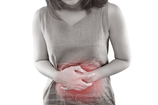 The photo of large intestine is on the woman's body, isolate on white background, Female anatomy concept