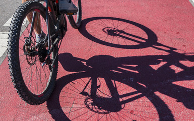 Fototapeta na wymiar Fahrradschatten auf rotem Asphalt