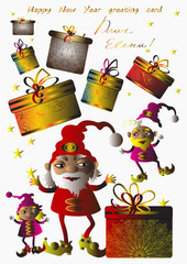 Happy New Year illustration. Elves and gifts, vector