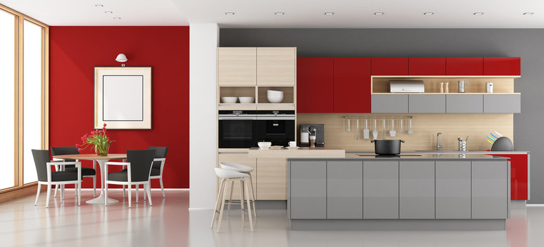 Red and gray modern kitchen