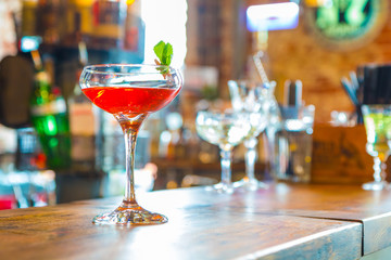 Colorful cocktails on the bar table in restaurant.