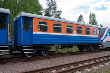 Fototapeta na wymiar Narrow-gauge passenger car of type VP750, station Yakovlevskaya, Yaroslavl children's railway, Yaroslavl, Russian Federation