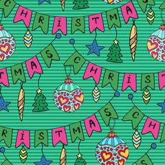 Christmas pattern with streamers and bells. Seamless doodle vector background. Wrapping paper design.