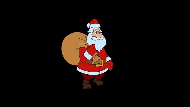 Santa Claus is coming with gift Christmas bag. Looping gait. Hand drawn character animation. 29.97 fps.