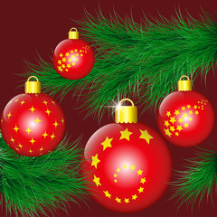 Fir-tree branch decorated with red christmas balls. Vector illustration EPS10