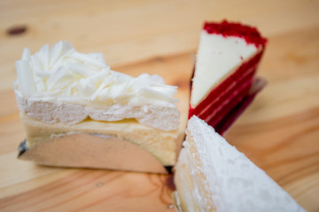 white chocolate cake, strawberries cake, cut piece