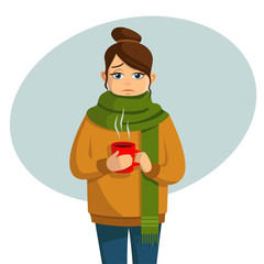 Young girl is cold. Hot drink. Vector illustration.