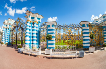 Openwork gate of Catherine Palace - the summer residence of the Russian tsars. Tsarskoye Selo, Russia