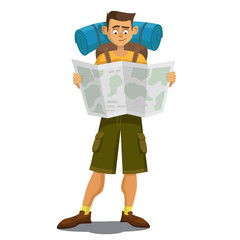 Young tourist is looking at map. White background. Vector illustration.
