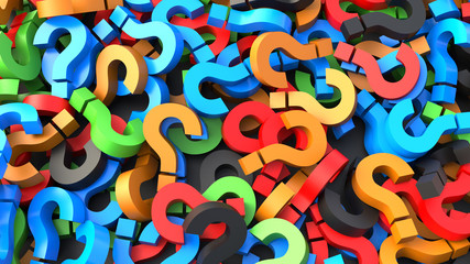 Colorful question marks background. 3D Rendering.