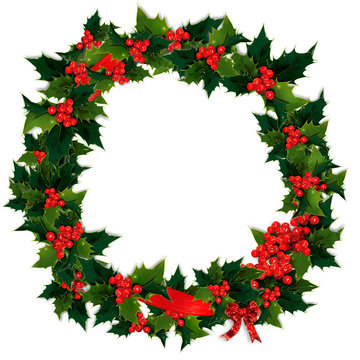 Illustration of  holly, berry and red ribbon Christmas wreath