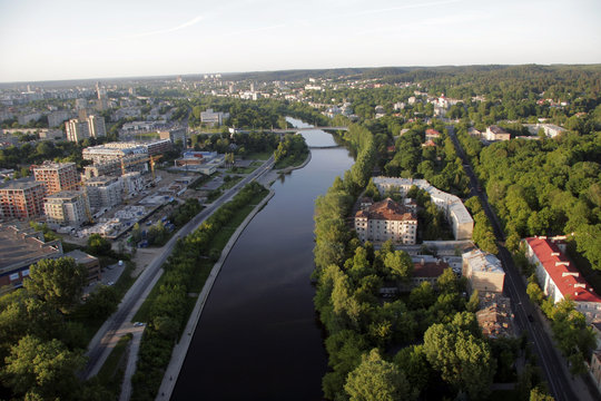VILNIUS: Aerial View of Vilnius Old Town, river Neris in Vilnius, Lithuania