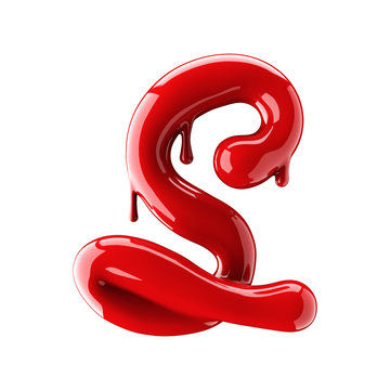 3D render of red alphabet make from nail polish. Handwritten cursive letter S. Isolated on white